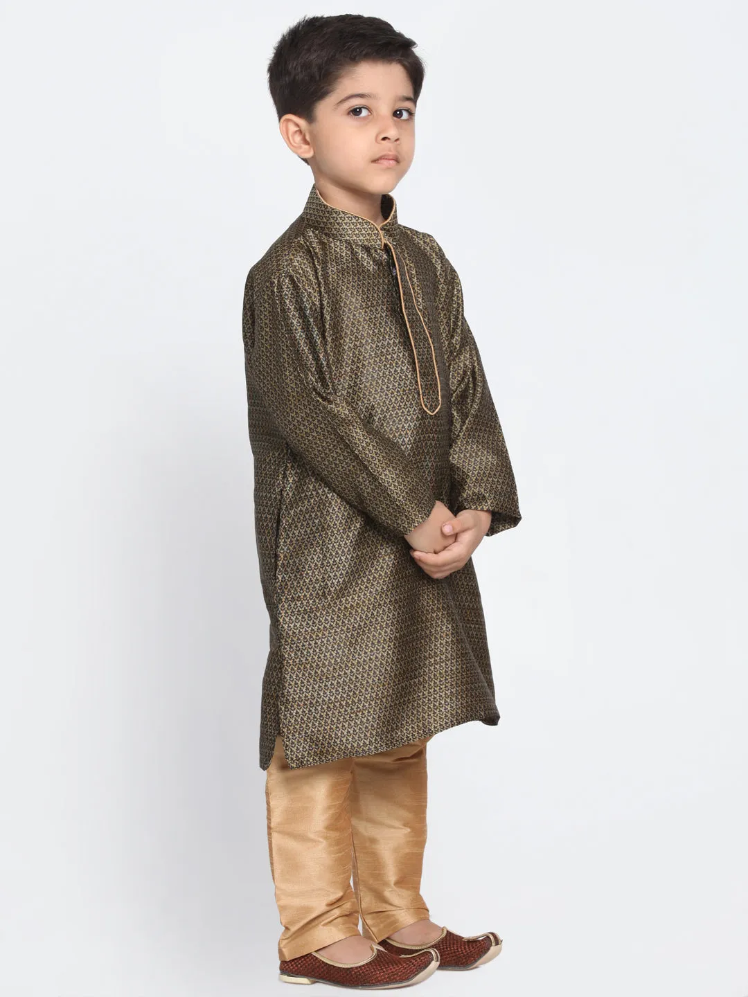 Vastramay Silk Blend Black and Rose Gold Baap Beta Kurta Pyjama set