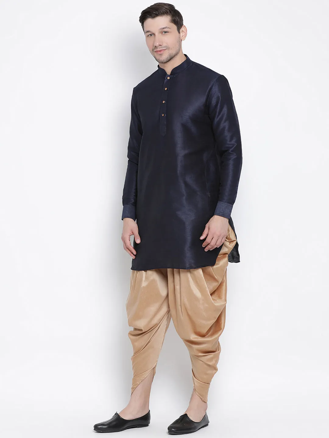 Vastramay Silk Blend Navy Blue And Rose Gold Baap Beta Dhoti Kurta Set