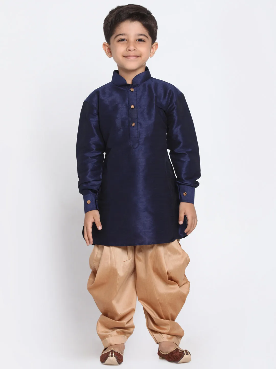 Vastramay Silk Blend Navy Blue And Rose Gold Baap Beta Dhoti Kurta Set