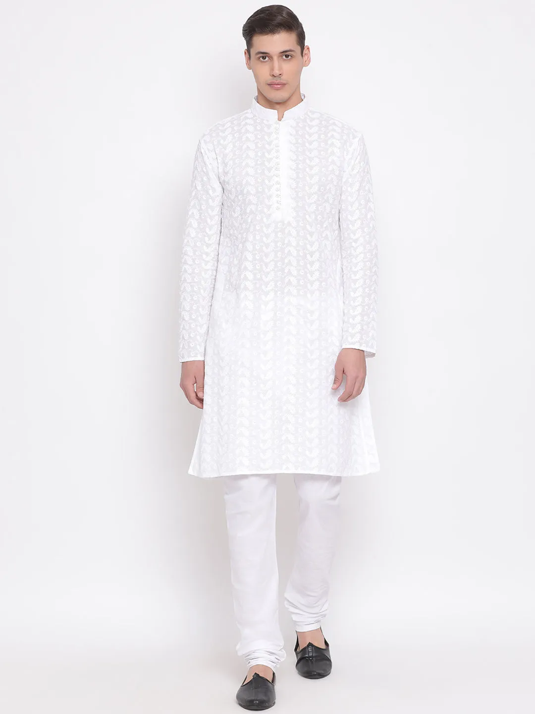 VASTRAMAY White Pure Cotton Chikankari Kurta Pyjama Baap Beta Set