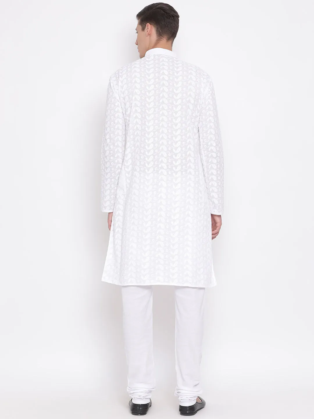 VASTRAMAY White Pure Cotton Chikankari Kurta Pyjama Baap Beta Set