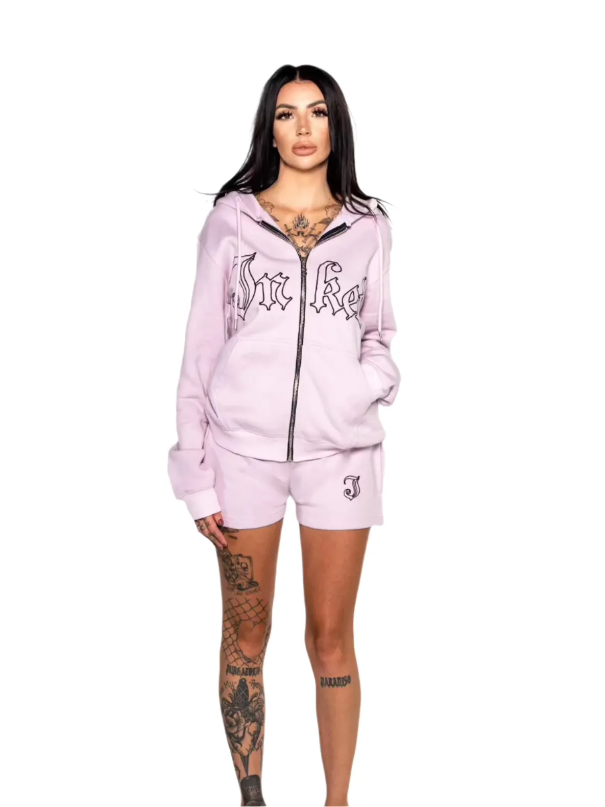 Women's Inked Embroidered Zip Up Hoodie - Pink/Black